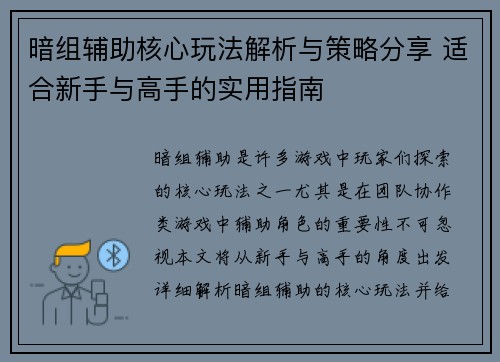 暗组辅助核心玩法解析与策略分享 适合新手与高手的实用指南